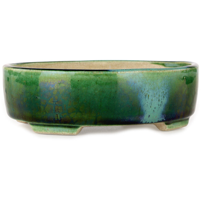 Oval green craquelé with a blue accent bonsai pot by Terahata Satomi Mazan - 157 x 130 x 47 mm