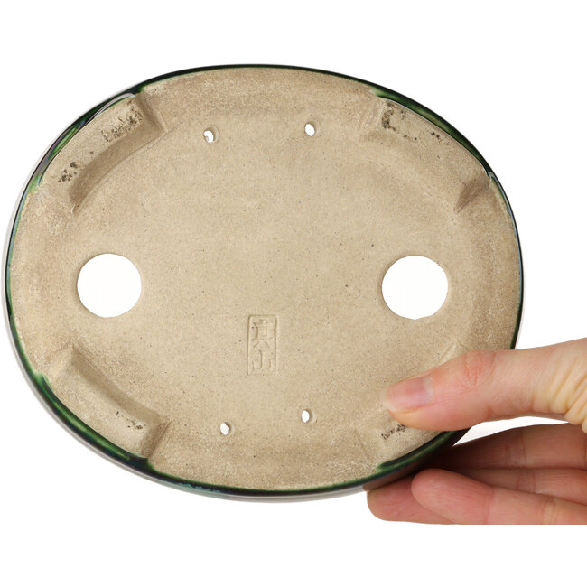 Oval green craquelé with a blue accent bonsai pot by Terahata Satomi Mazan - 157 x 130 x 47 mm