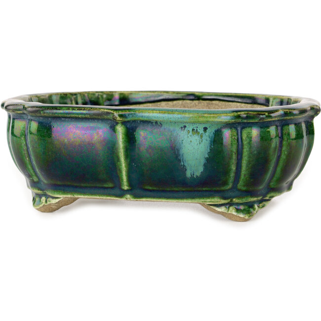 Lotus green with a blue accent bonsai pot by Terahata Satomi Mazan - 172 x 145 x 55 mm