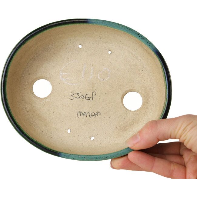 Vaso bonsai ovale verde craquelé con accenti blu di Terahata Satomi Mazan - 157 x 130 x 47 mm