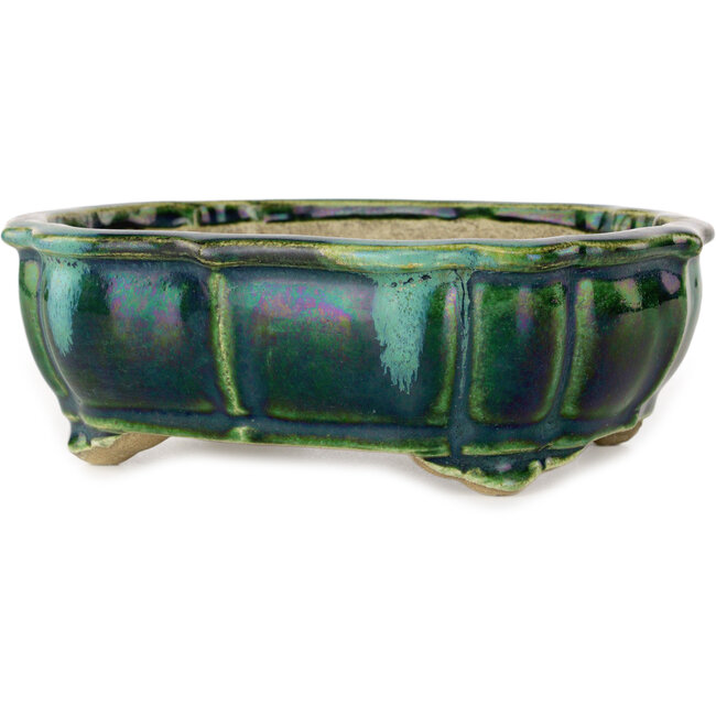 Pot à bonsaï vert lotus avec accent bleu par Terahata Satomi Mazan - 172 x 145 x 55 mm