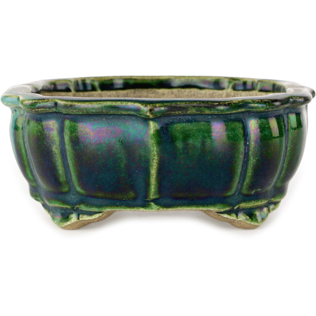 Lotusgroen met blauw accent bonsaipot van Terahata Satomi Mazan - 172 x 145 x 55 mm