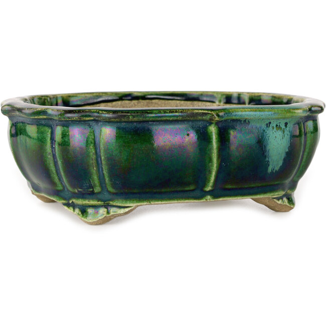 Lotus green with a blue accent bonsai pot by Terahata Satomi Mazan - 172 x 145 x 55 mm
