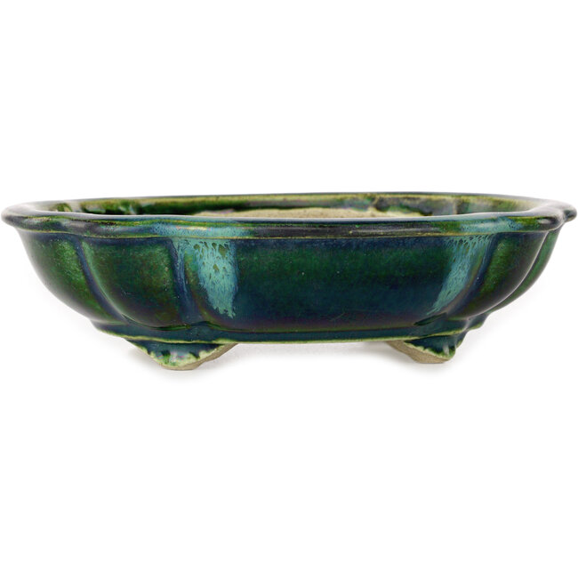 Lotus green with a blue accent bonsai pot by Terahata Satomi Mazan - 182 x 154 x 48 mm