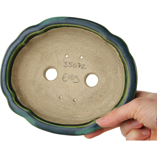 Maceta de bonsái verde loto con detalles en azul de Terahata Satomi Mazan - 182 x 154 x 48 mm