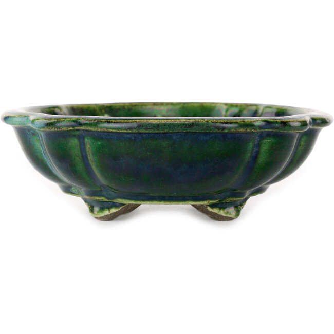 Lotus green with a blue accent bonsai pot by Terahata Satomi Mazan - 182 x 154 x 48 mm