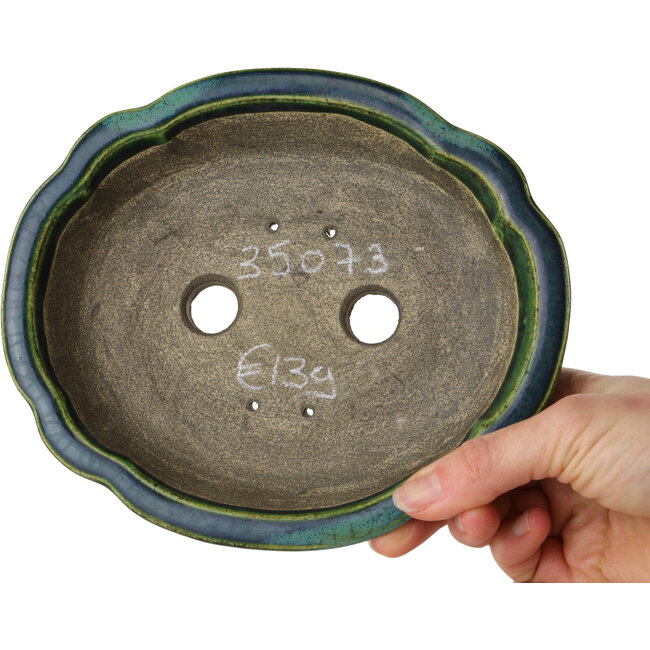 Maceta de bonsái verde loto con detalles en azul de Terahata Satomi Mazan - 182 x 154 x 48 mm