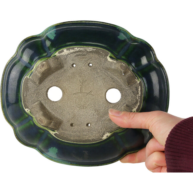 Lotus green with a blue accent bonsai pot by Terahata Satomi Mazan - 203 x 175 x 55 mm