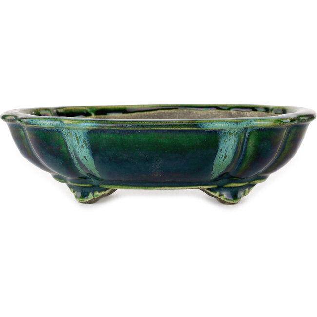 Pot à bonsaï vert lotus avec accent bleu par Terahata Satomi Mazan - 203 x 175 x 55 mm