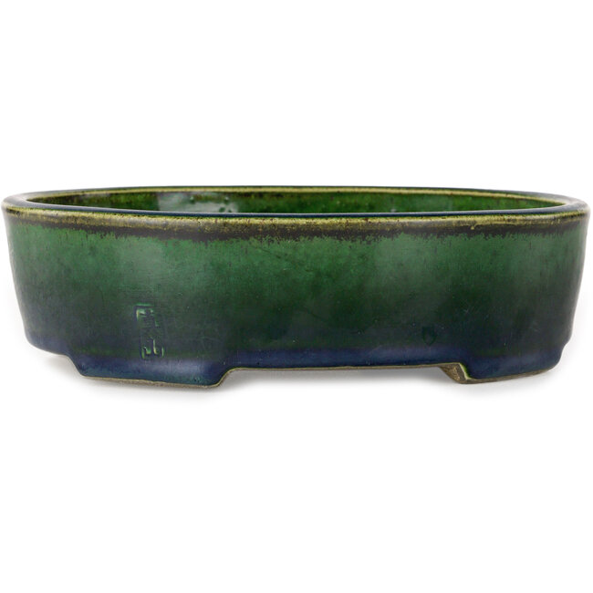 Oval green bonsai pot by Terahata Satomi Mazan - 192 x 160 x 55 mm
