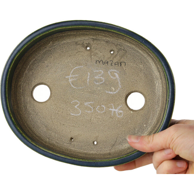 Oval green bonsai pot by Terahata Satomi Mazan - 192 x 160 x 55 mm