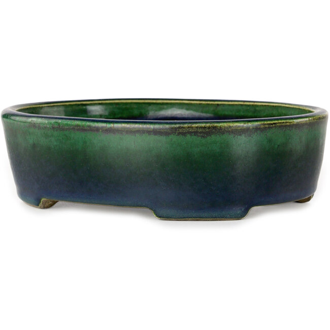 Oval green bonsai pot by Terahata Satomi Mazan - 192 x 160 x 55 mm