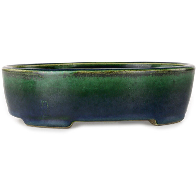 Pot à bonsaï ovale vert par Terahata Satomi Mazan - 192 x 160 x 55 mm
