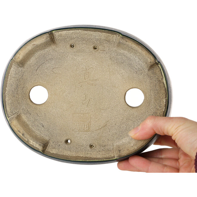 Oval green bonsai pot by Terahata Satomi Mazan - 192 x 160 x 55 mm