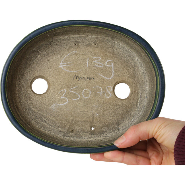 Pot à bonsaï ovale vert par Terahata Satomi Mazan - 192 x 160 x 55 mm