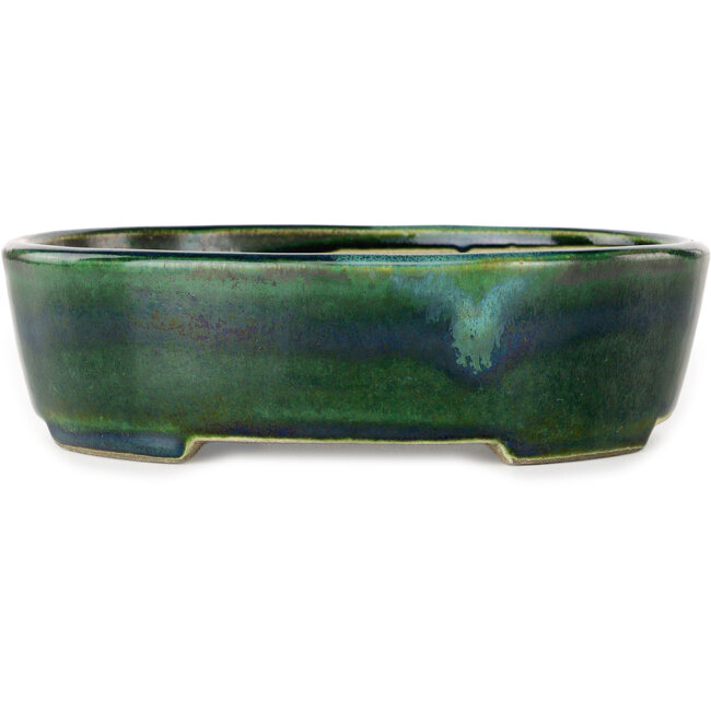 Ovaler grüner Bonsai-Topf mit blauem Akzent von Terahata Satomi Mazan – 192 x 160 x 55 mm