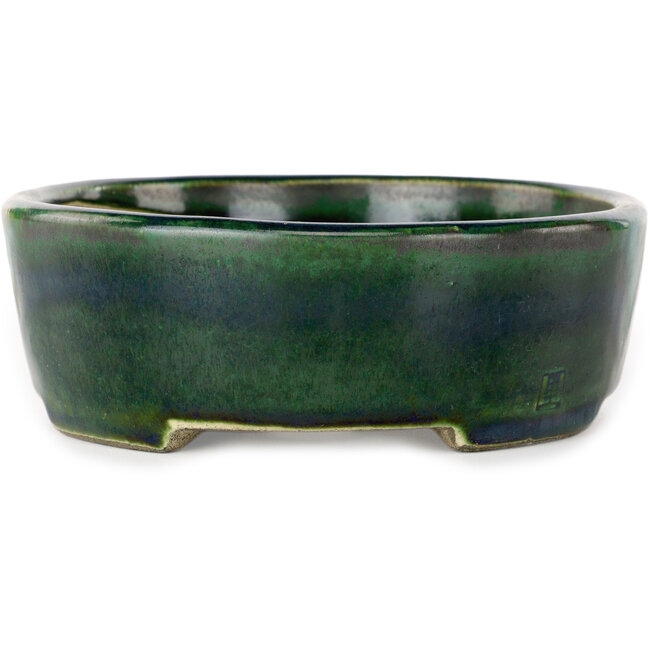 Maceta ovalada para bonsái verde con detalles en azul de Terahata Satomi Mazan - 192 x 160 x 55 mm
