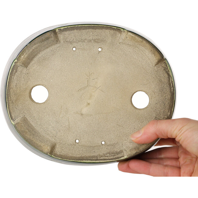 Pot à bonsaï ovale vert avec accent bleu par Terahata Satomi Mazan - 192 x 160 x 55 mm