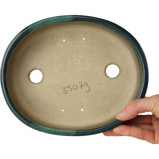 Oval green with a blue accent bonsai pot by Terahata Satomi Mazan - 192 x 160 x 55 mm