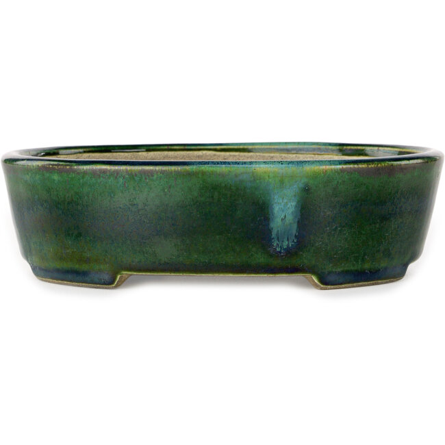 Ovaal groen met blauw accent bonsaipot van Terahata Satomi Mazan - 192 x 160 x 55 mm