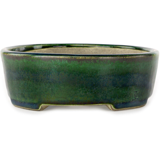 Ovaal groen met blauw accent bonsaipot van Terahata Satomi Mazan - 192 x 160 x 55 mm