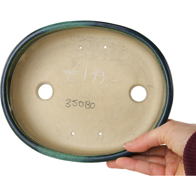 Oval green with a blue accent bonsai pot by Terahata Satomi Mazan - 192 x 160 x 55 mm