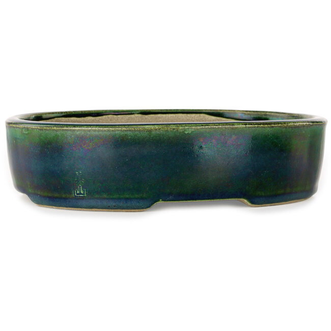Oval green bonsai pot by Terahata Satomi Mazan - 222 x 175 x 52 mm