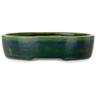  Satomi Mazan, Mazan Terahata Pot à bonsaï vert ovale de 222 mm par Terahata Satomi Mazan, Tokoname, Japon