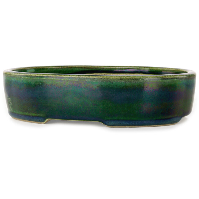 Oval green bonsai pot by Terahata Satomi Mazan - 222 x 175 x 52 mm