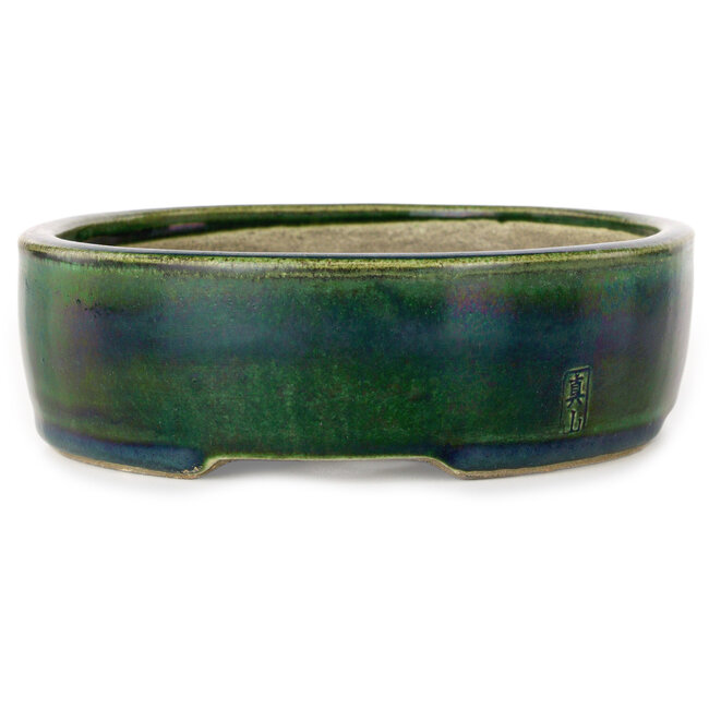 Oval green bonsai pot by Terahata Satomi Mazan - 222 x 175 x 52 mm