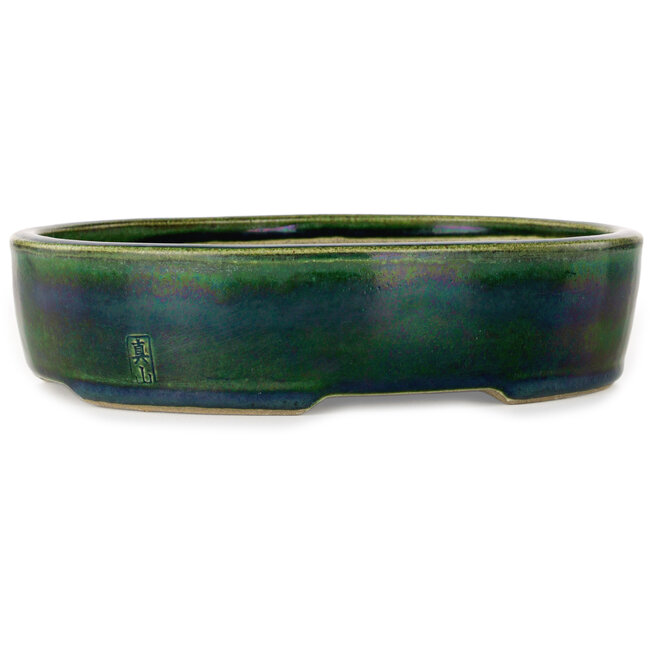 Pot à bonsaï ovale vert par Terahata Satomi Mazan - 222 x 175 x 52 mm