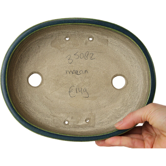 Ovaler grüner Bonsaitopf von Terahata Satomi Mazan – 222 x 175 x 52 mm