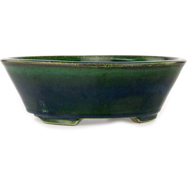 Oval green bonsai pot by Terahata Satomi Mazan - 230 x 200 x 75 mm