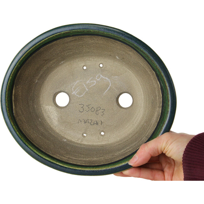 Oval green bonsai pot by Terahata Satomi Mazan - 230 x 200 x 75 mm
