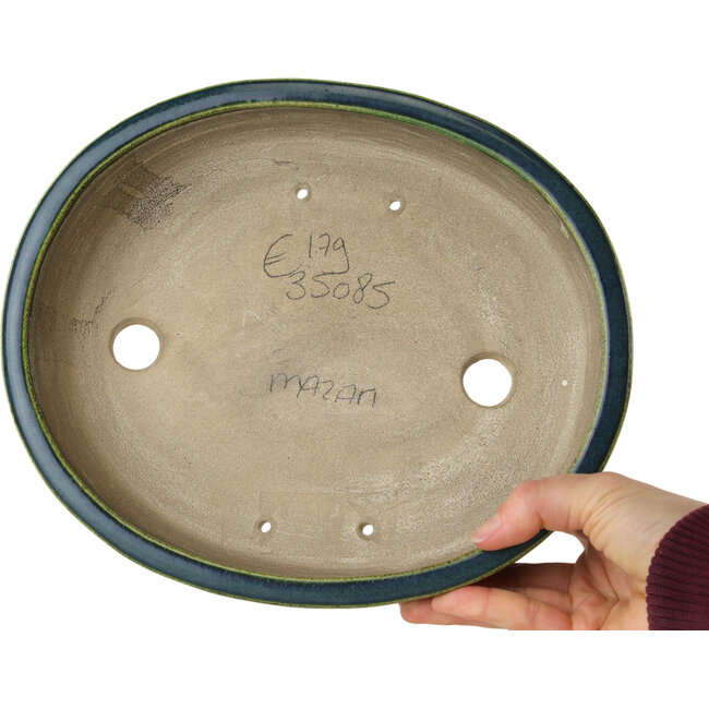 Maceta ovalada para bonsái verde de Terahata Satomi Mazan - 252 x 210 x 70 mm