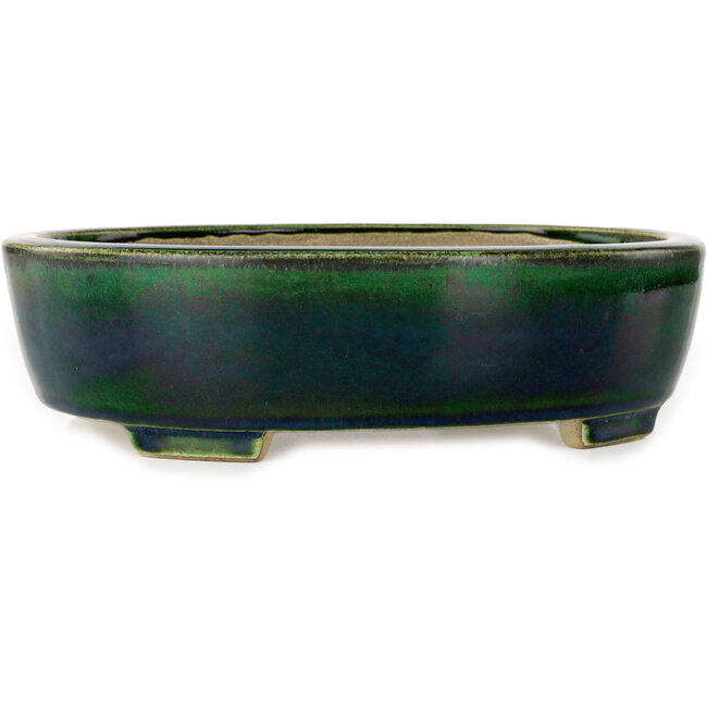 Oval green bonsai pot by Terahata Satomi Mazan - 252 x 210 x 70 mm