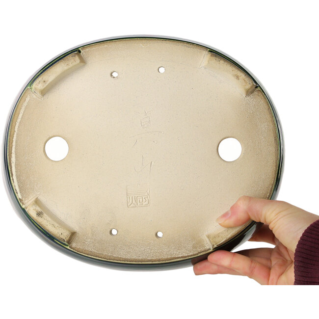 Pot à bonsaï ovale vert par Terahata Satomi Mazan - 252 x 210 x 70 mm