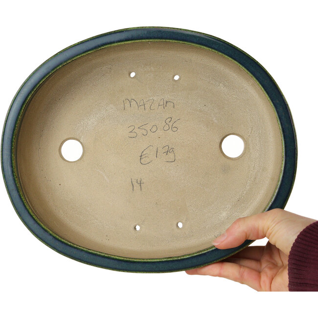 Pot à bonsaï ovale vert par Terahata Satomi Mazan - 252 x 210 x 70 mm