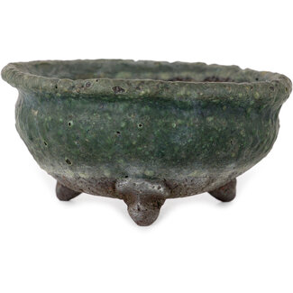  Yamaaki 77 mm round green bonsai pot by Yamaaki Shosen/Akitsugu/Juudo (first generation), Tokoname, Japan