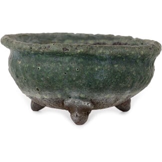  Yamaaki Vaso bonsai rotondo verde da 77 mm di Yamaaki Shosen/Akitsugu/Juudo (prima generazione), Tokoname, Giappone