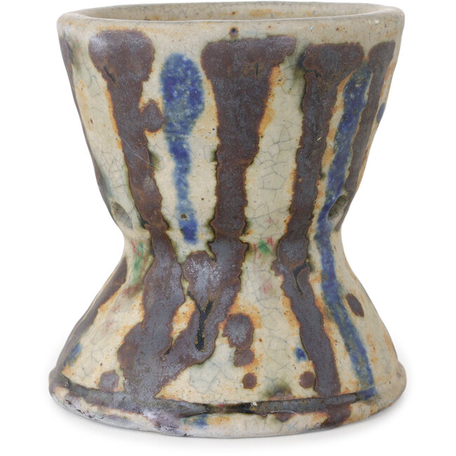 Round white craquelé, multicolor bonsai pot by Bunzan (Seto) - 104 x 104 x 105 mm