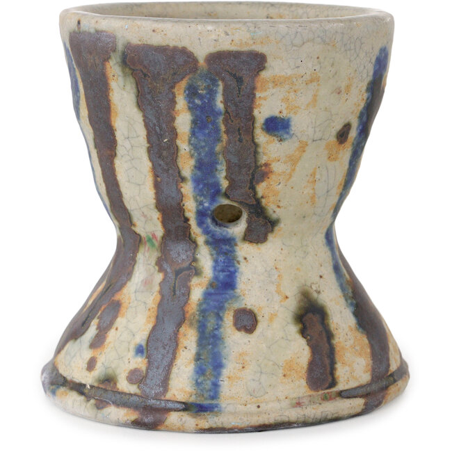 Vaso bonsai rotondo bianco craquelé, multicolore di Bunzan (Seto) - 104 x 104 x 105 mm