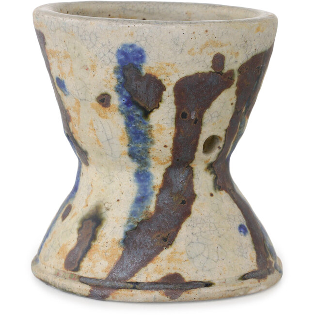 Round white craquelé, multicolor bonsai pot by Bunzan (Seto) - 104 x 104 x 105 mm