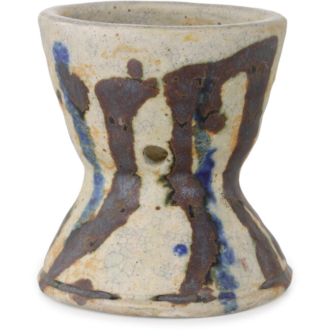 Pot à bonsaï rond blanc craquelé multicolore de Bunzan (Seto) - 104 x 104 x 105 mm