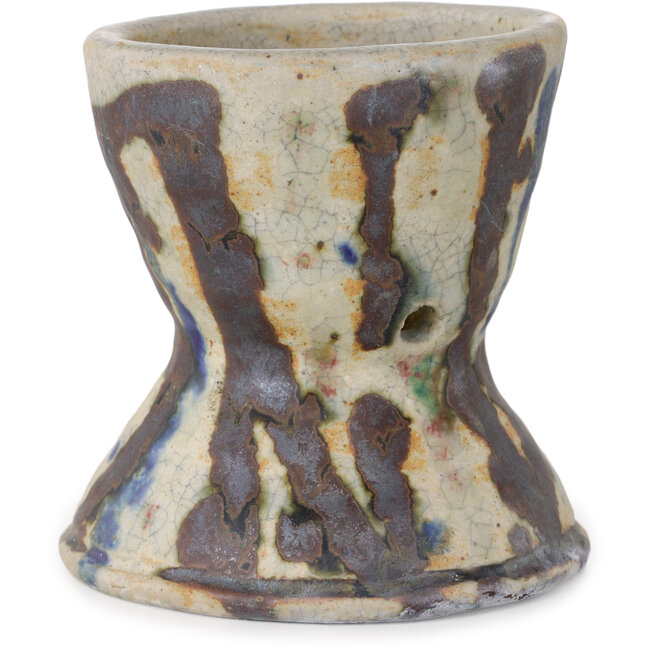 Vaso bonsai rotondo bianco craquelé, multicolore di Bunzan (Seto) - 104 x 104 x 105 mm