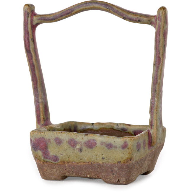 Square basket unglazed with multicolor glazed bonsai pot by Bunzan (Seto) - 50 x 55 x 75 mm
