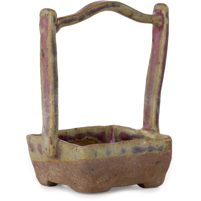 Quadratischer, unglasierter Korb mit mehrfarbig glasiertem Bonsai-Topf von Bunzan (Seto) – 50 x 55 x 75 mm