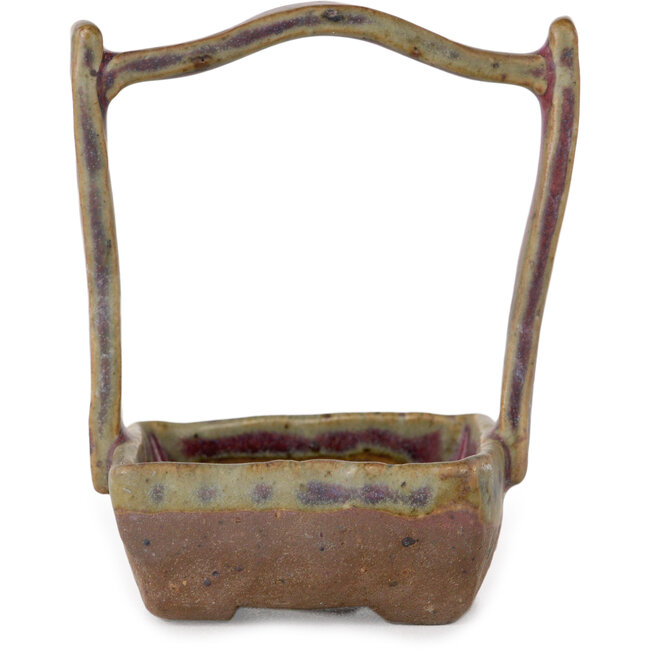 Square basket unglazed with multicolor glazed bonsai pot by Bunzan (Seto) - 50 x 55 x 75 mm