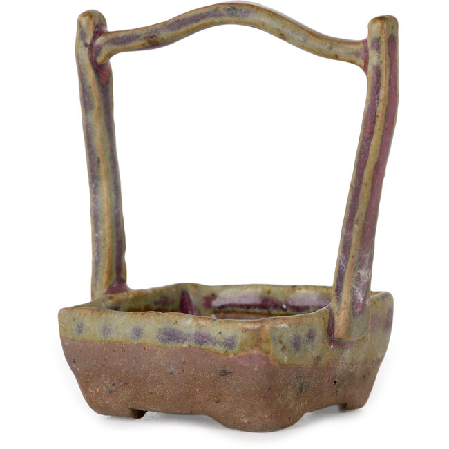 Quadratischer, unglasierter Korb mit mehrfarbig glasiertem Bonsai-Topf von Bunzan (Seto) – 50 x 55 x 75 mm