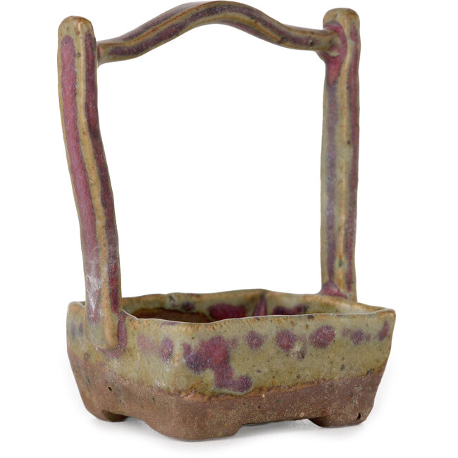 Cesta cuadrada sin esmaltar con maceta de bonsái esmaltada multicolor de Bunzan (Seto) - 50 x 55 x 75 mm